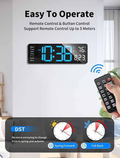 MASHI Digital Wall Clock, 16" Large Display Digital Clock with Remote Control, Auto-Dimming Wall Clock with Night Light, DST, Date Week,Temp for Living Room, Bedroom, Decor, for Elderly