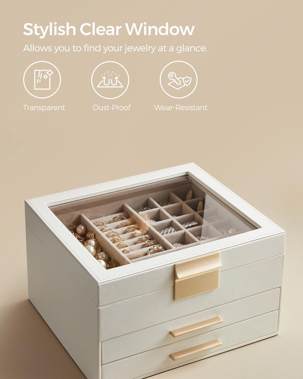 SONGMICS Jewelry Box Organizer, 3-Layer Storage with 2 Drawers, Glass Lid