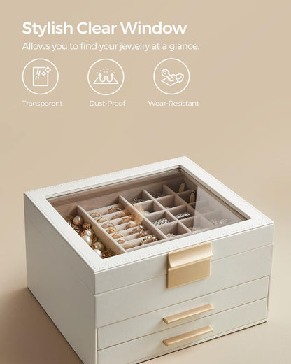 SONGMICS Jewelry Box Organizer, 3-Layer Storage with 2 Drawers, Glass Lid