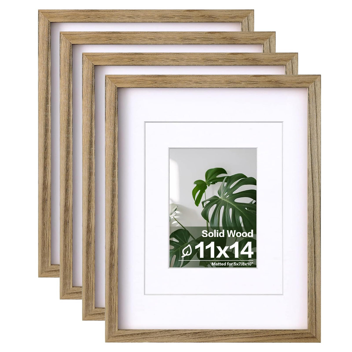 Egofine 11x14 Picture Frames 4 Pack Display Pictures 5x7/8x10 with Mat or 11x14 Without Mat Made of Solid Wood Covered by Plexiglass for Table Top Display and Wall Mounting Photo Frame, Light Brown