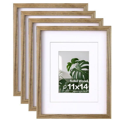 Egofine 11x14 Picture Frames 4 Pack Display Pictures 5x7/8x10 with Mat or 11x14 Without Mat Made of Solid Wood Covered by Plexiglass for Table Top Display and Wall Mounting Photo Frame, Light Brown