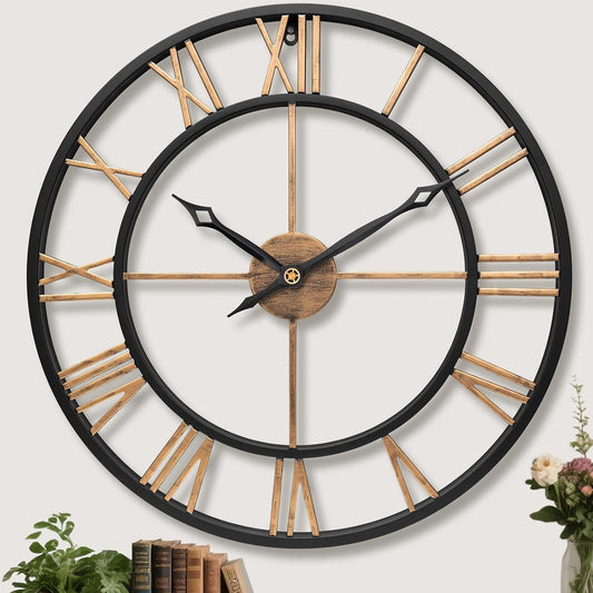 24 Inch Metal Large Wall Clock with Vintage Gold Roman Numerals