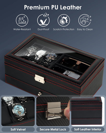 Kukikan Mens Jewelry Box Organizer, 6 Watch Slots & 3 Sunglasses -Black
