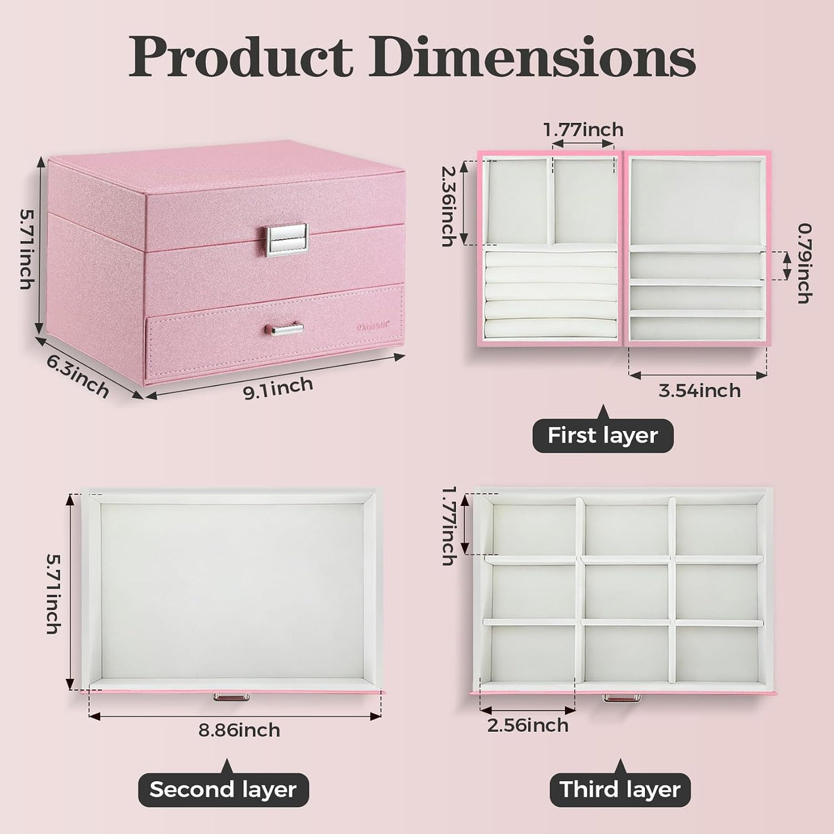 Dajasan Jewelry Organizer Box, Large Jewelry Boxes for Women Girls, Space-Saving 3 Layers Jewelry Storage Case with Drawer, Gift Idea, Movable Metal Stand, Modern (Pink)