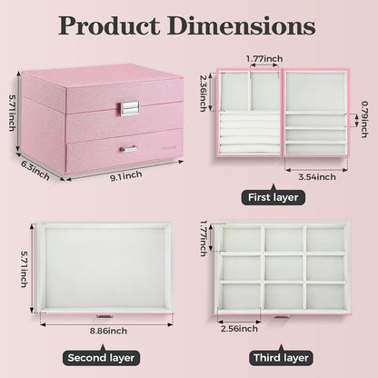 Dajasan Jewelry Organizer Box, Large Jewelry Boxes for Women Girls, Space-Saving 3 Layers Jewelry Storage Case with Drawer, Gift Idea, Movable Metal Stand, Modern (Pink)