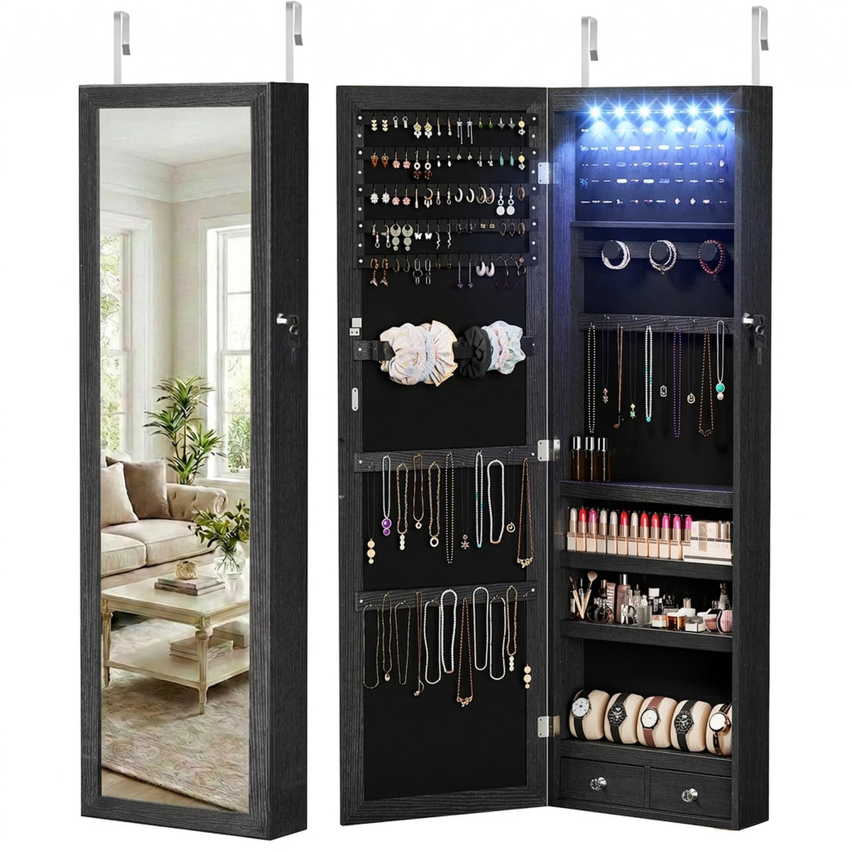 DUMOS 6 LEDs Mirror Jewelry Cabinet, Wall or Door Mounted Jewelry Organizer, 47.2-Inch Tall Lockable Large Capacity Cosmetic Storage, Gift Idea, White