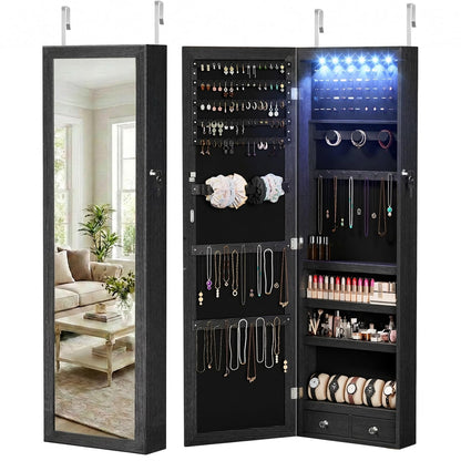 DUMOS 6 LEDs Mirror Jewelry Cabinet, Wall or Door Mounted Jewelry Organizer, 47.2-Inch Tall Lockable Large Capacity Cosmetic Storage, Gift Idea, White