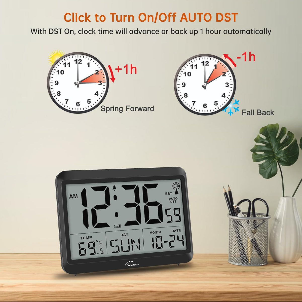 WallarGe Self-Setting Atomic Digital Wall Clock with Auto DST