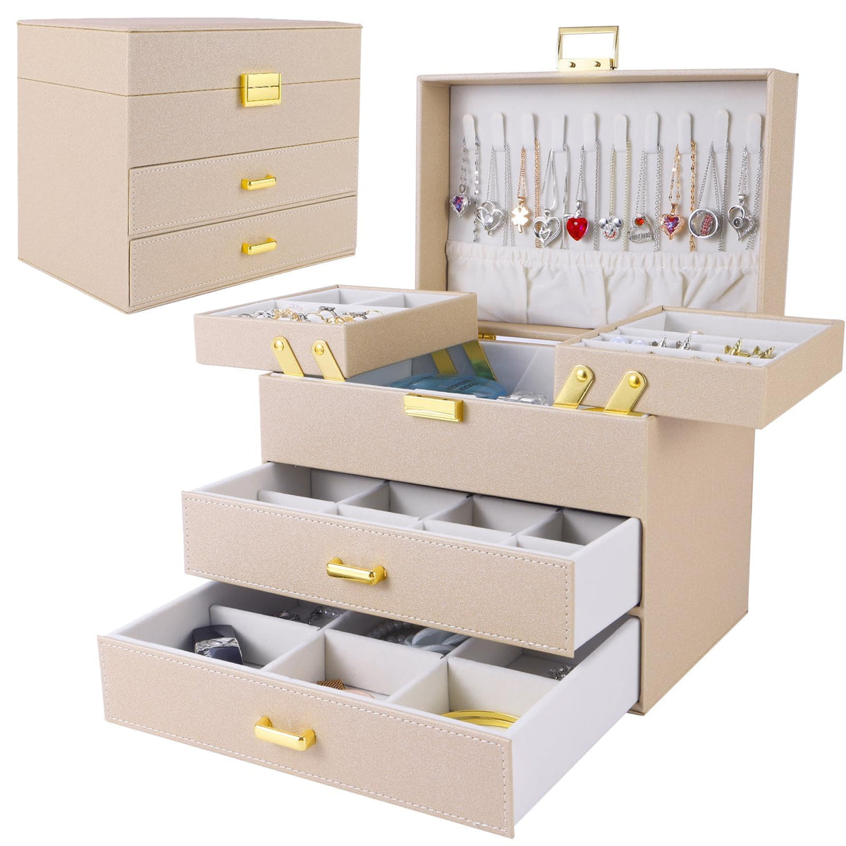 Dajasan Jewelry Organizer Box, Large Jewelry Boxes for Women Girls, Space-Saving 3 Layers Jewelry Storage Case with Drawer, Movable Metal Stand, Modern, Gift Idea (Black)