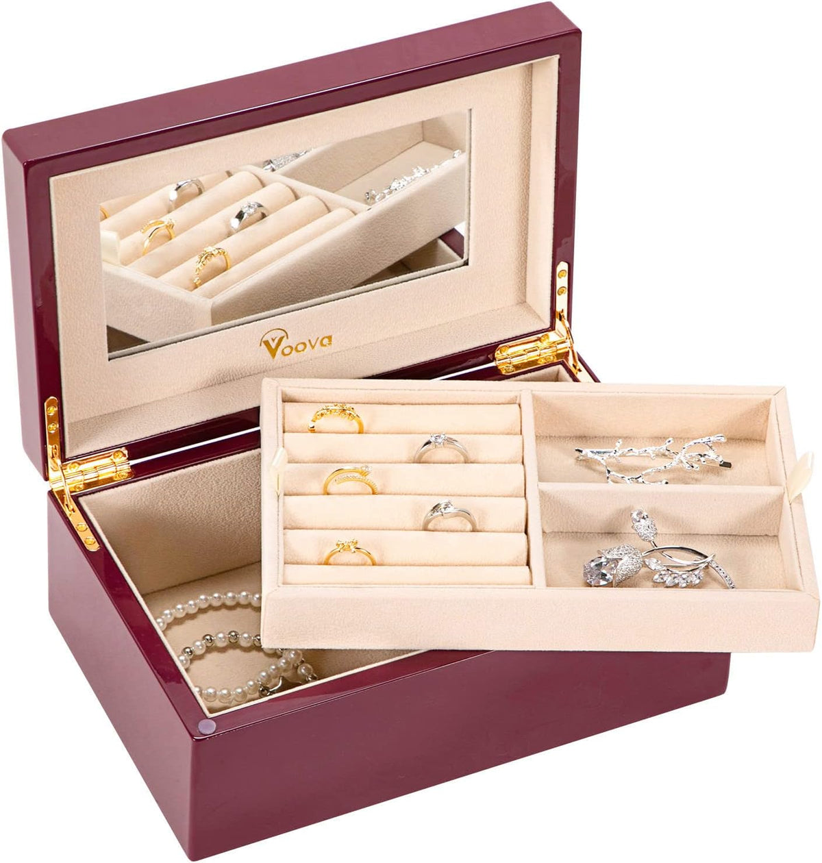 Voova 2-Layer Wooden Jewelry Box with Mirror, Purple
