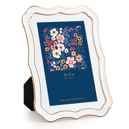 4x6 Enamel Picture Frame with HD-Tempered Glass, Display 3x5 Photo with Mat, Ornate Photo Frame with Gold Metal Edge & Velvet Back for Tabletop & Wall Mount Vertically or Horizontally Display, White