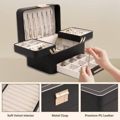 KAMIER Jewelry Box, 3 Layers Jewelry Organizer with Drawers, PU Leather Jewelry Storage Organizer for Earring, Ring, Necklace, Bracelets, Christmas Gift, Bluish Grey