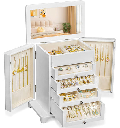 Jewelry Box for Women，Wooden Jewelry Box with 4 Clear Drawers Rustic Brown