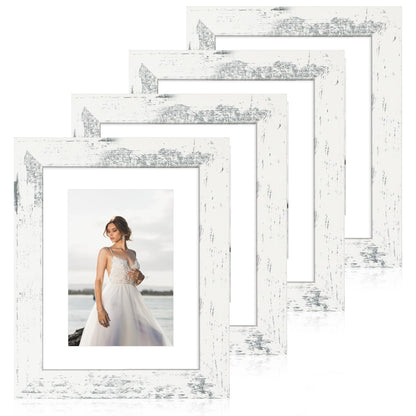 iRahmen 5x7 Picture Frame Set of 4, High Definition Real Glass Rustic Brown Frame, 5 x 7 Wood Photo Frames for Tabletop Display and Wall Mounting