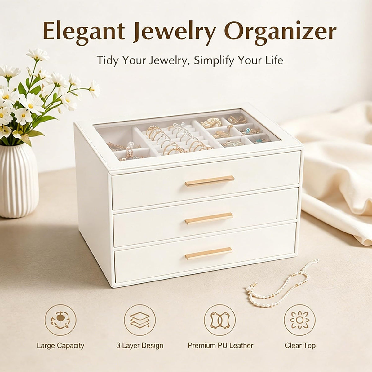 GUOER Jewelry Box for Women, Glass Lid Jewelry Organizer with 3 Drawers PU Jewelry Storage Case for Necklaces Rings Earrings Bracelets, Mother's Day, White