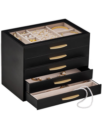 Lolalet Jewelry Box Organizer Case with Glass Lid for Women -4Layer, Black