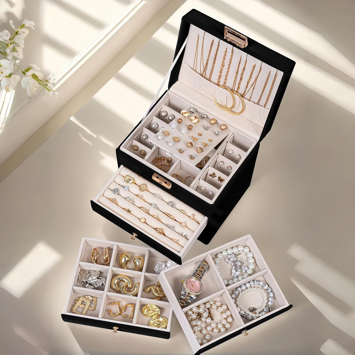 Leather Jewelry Box with Lock for Women, 4-Tier 3-Drawer Jewelry Organizer