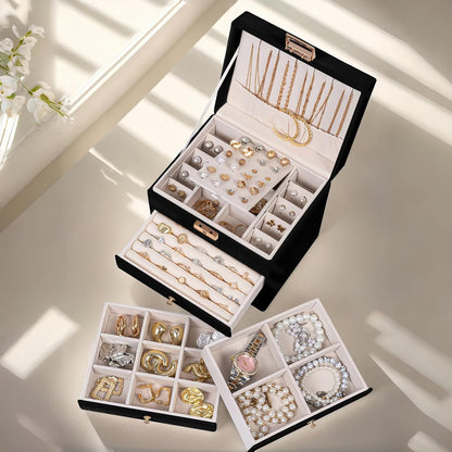 Leather Jewelry Box with Lock for Women, 4-Tier 3-Drawer Jewelry Organizer