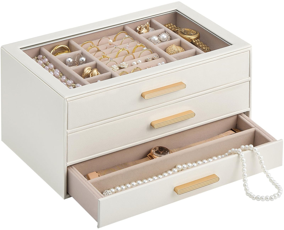 Lolalet Jewelry Box Organizer, 3-Layer Jewelry Storage Case -Beige