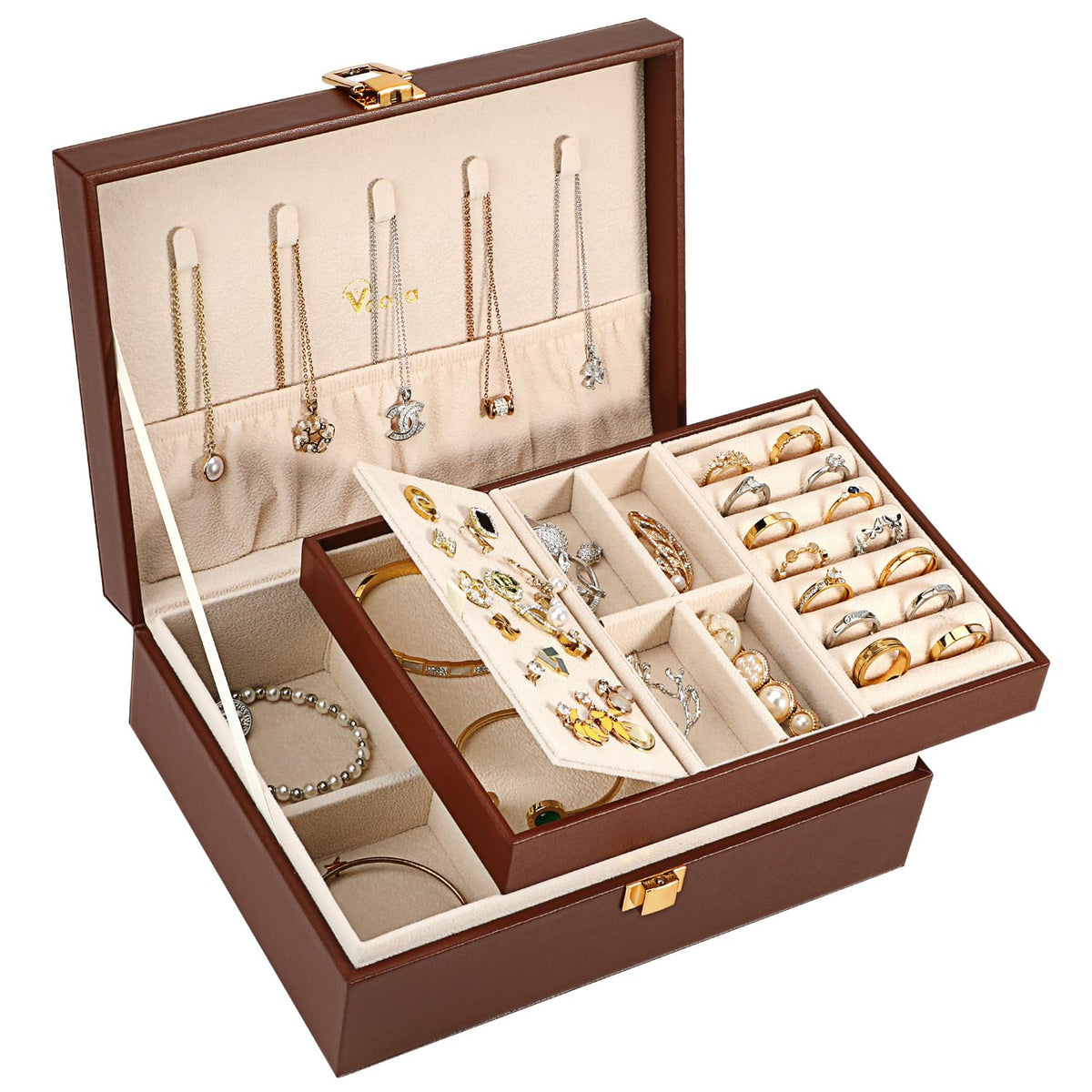 Voova 2 Layer Jewelry Box Organizer with Removable Tray, Vintage Gift, Apricot