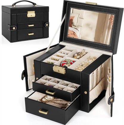 TORIBIO Jewelry Box for Women, Leather Jewelry Organizer with Mirror & Lock, 3-Tier Jewelry Storage Organizer with 2 Drawers for Girls/Women/Mothers, Necklace Earring Bracelets Holder Organizer