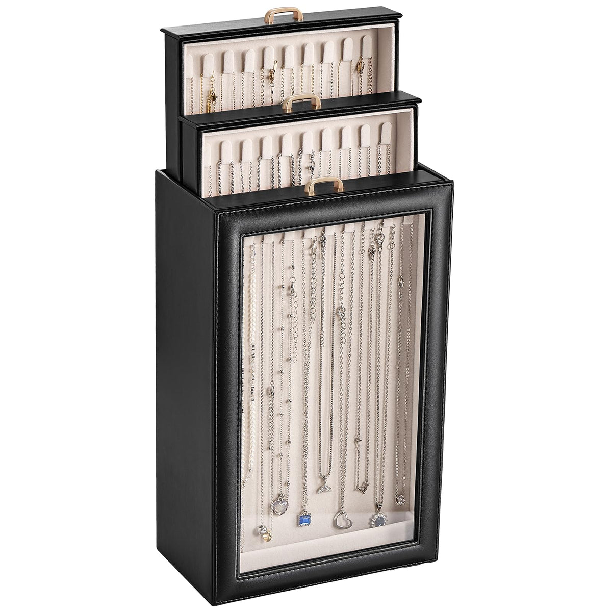 Lolalet Necklace Organizer Box, Jewelry Display Case, White, 3 Layers