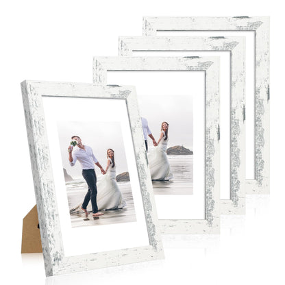 iRahmen 5x7 Picture Frame Set of 4, High Definition Real Glass Rustic Brown Frame, 5 x 7 Wood Photo Frames for Tabletop Display and Wall Mounting