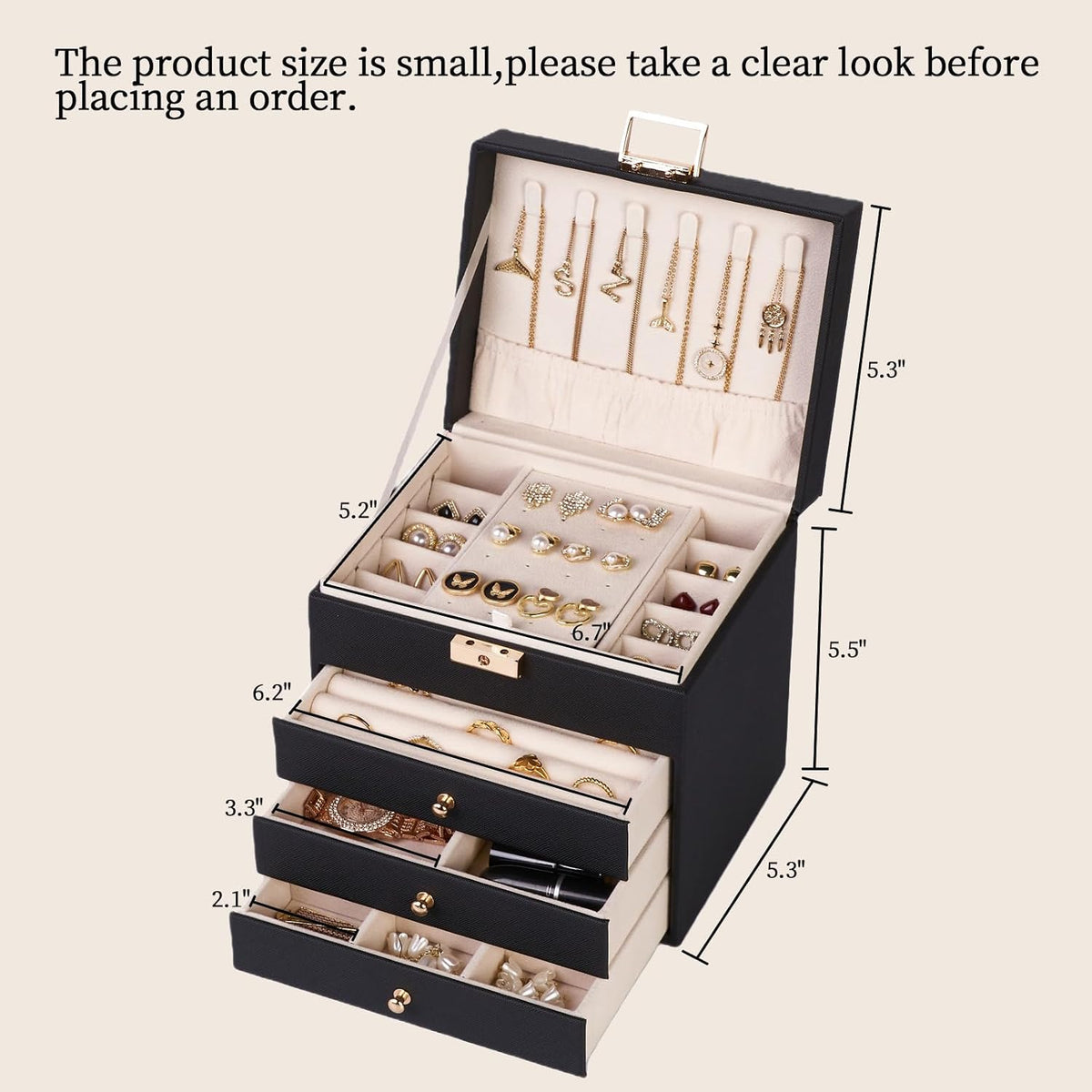 Leather Jewelry Box with Lock for Women, 4-Tier 3-Drawer Jewelry Organizer