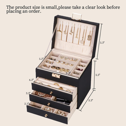 Leather Jewelry Box with Lock for Women, 4-Tier 3-Drawer Jewelry Organizer