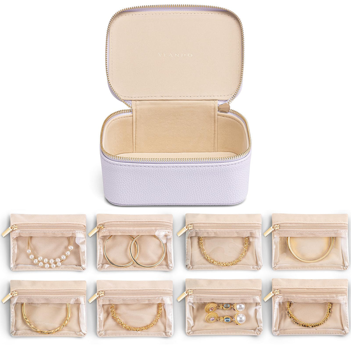 VLANDO Jewelry Boxes for Women with 12 Clear Velvet Zipper Pouches,Green
