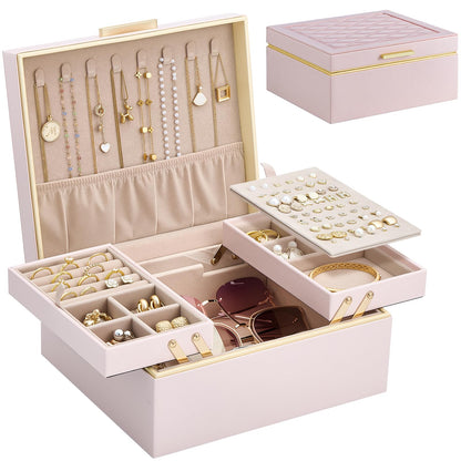 Lolalet Jewelry Box for Women Girls, 2 Layer Jewelry Organizer -Cream