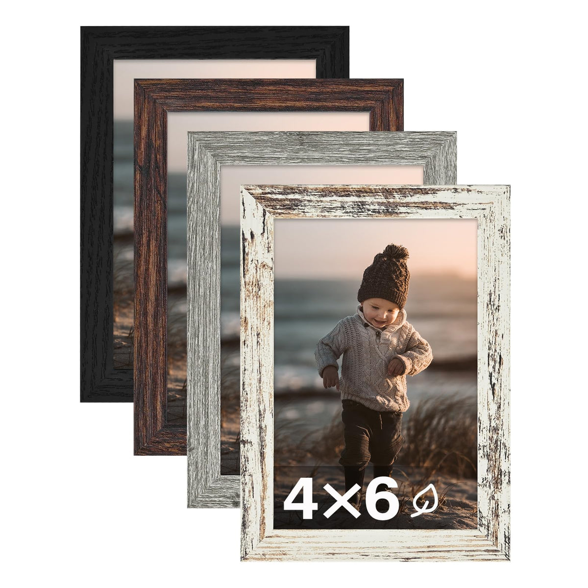 KINLINK 5x7 Picture Frame White Set of 4, Wooden Photo Frames Matted 4x6 with Plexiglass for 4x6 with Mat or 5x7 without Mat for Table and Wall Display
