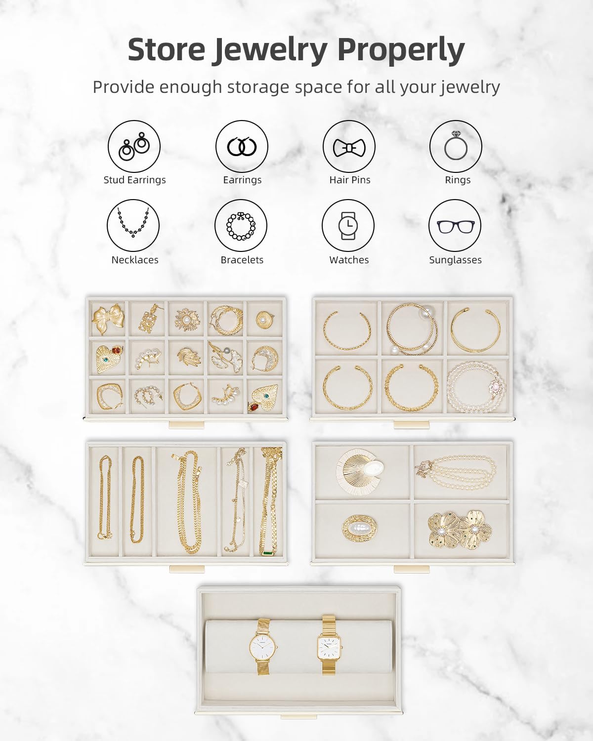 VLANDO Large Jewelry Box, 6 Layer Storage Organizer, Removable Dividers