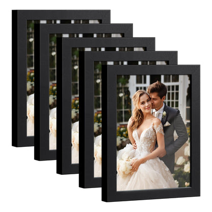 HappyHapi 4x6 Picture Frame Set of 5, Wall or Tabletop Display, Black