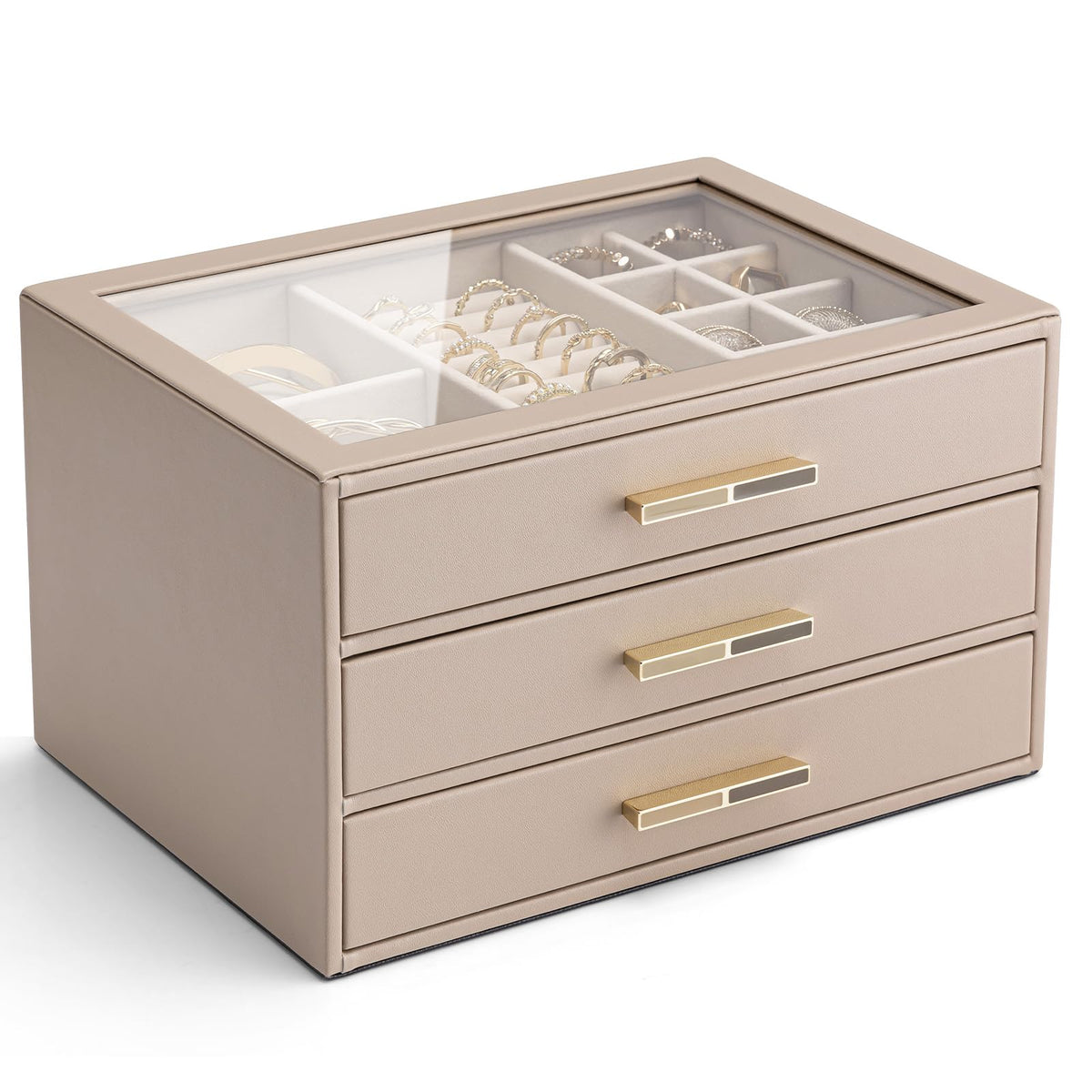 VLANDO Jewelry Box Organizer, 3-Layer Storage Drawers, Glass Window, Modern