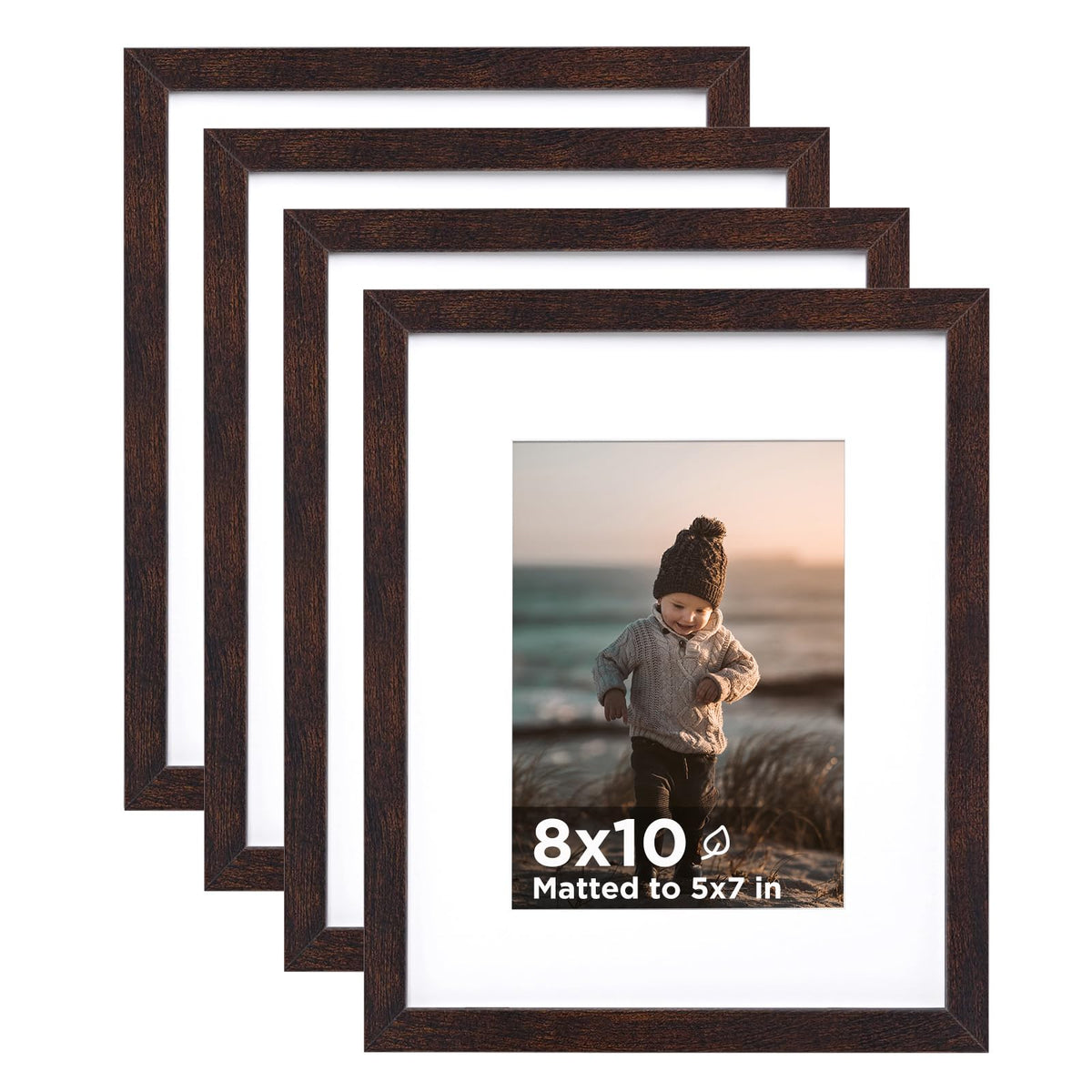 KINLINK 5x7 Picture Frame White Set of 4, Wooden Photo Frames Matted 4x6 with Plexiglass for 4x6 with Mat or 5x7 without Mat for Table and Wall Display