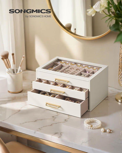 SONGMICS 3-Layer Jewelry Box with Glass Window, 3 Drawers, Golden Handles