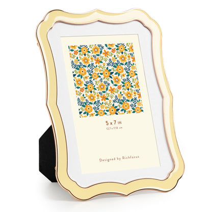 4x6 Enamel Picture Frame with HD-Tempered Glass, Display 3x5 Photo with Mat, Ornate Photo Frame with Gold Metal Edge & Velvet Back for Tabletop & Wall Mount Vertically or Horizontally Display, White