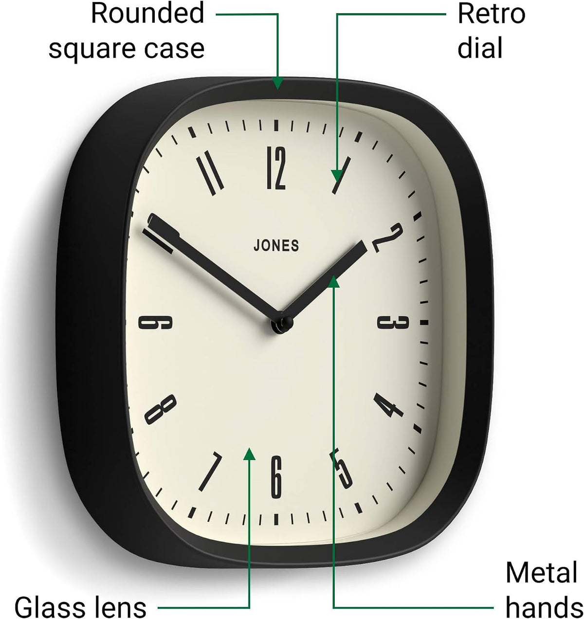 JONES CLOCKS® Marvel wall Clock | Retro Rounded Square Clock | 10" | Black