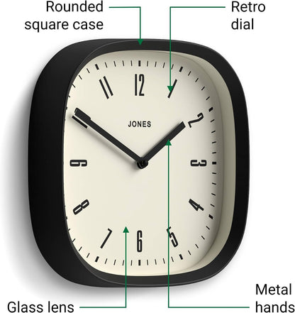 JONES CLOCKS® Marvel wall Clock | Retro Rounded Square Clock | 10" | Black