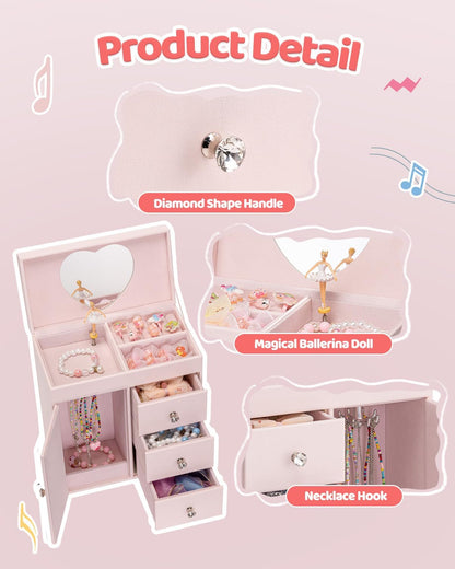 VLANDO 4 Layer Musical Jewelry Box, 3 Drawers Storage and Necklace Hook