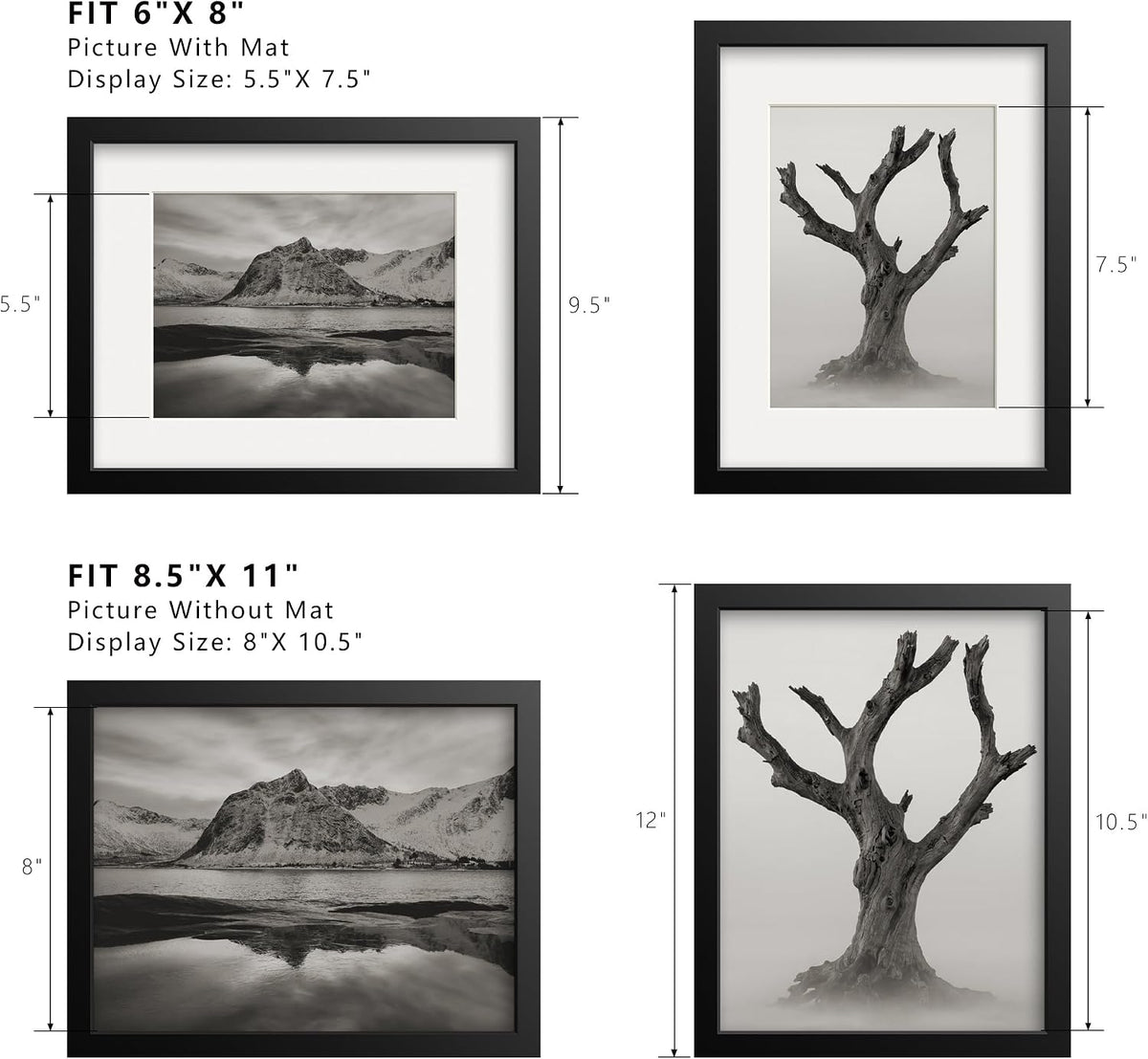 8.5 By 11 Picture Frames 6x8 with Mat - Black Photo Frame 1 Pack