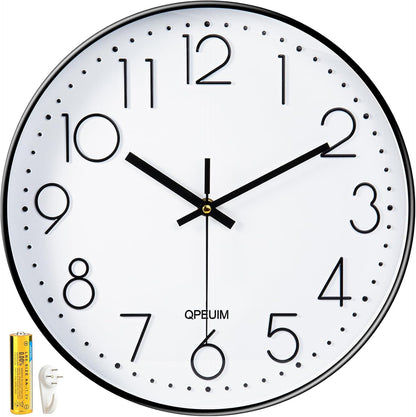 QPEUIM Wall Clock 12 Inch Wall Clocks Non-Ticking Battery Operated with Stereoscopic Dial Ultra-Quiet Movement Quartz for Office Classroom School Home Living Room Bedroom Kitchen