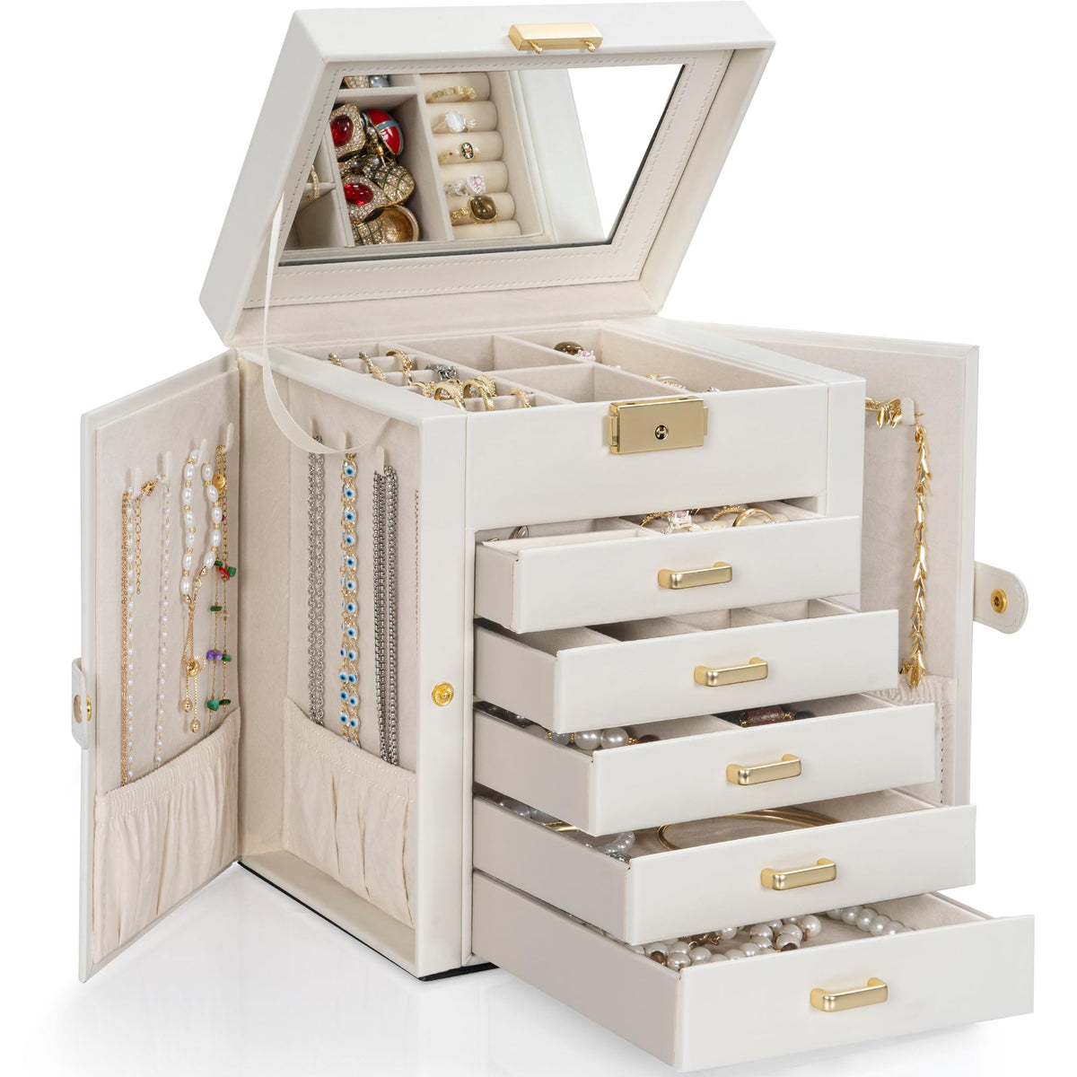 TORIBIO Jewelry Box for Women, Leather Jewelry Organizer with Mirror & Lock, 3-Tier Jewelry Storage Organizer with 2 Drawers for Girls/Women/Mothers, Necklace Earring Bracelets Holder Organizer