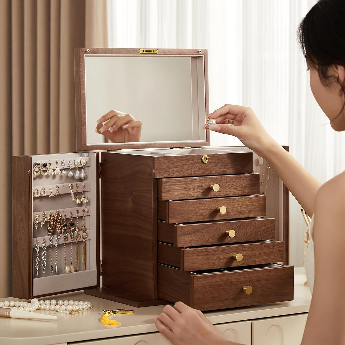 Black Walnut Wooden Jewelry Box for Women, 6 Layer