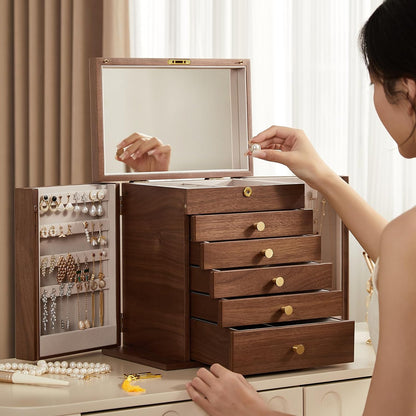 Black Walnut Wooden Jewelry Box for Women, 6 Layer