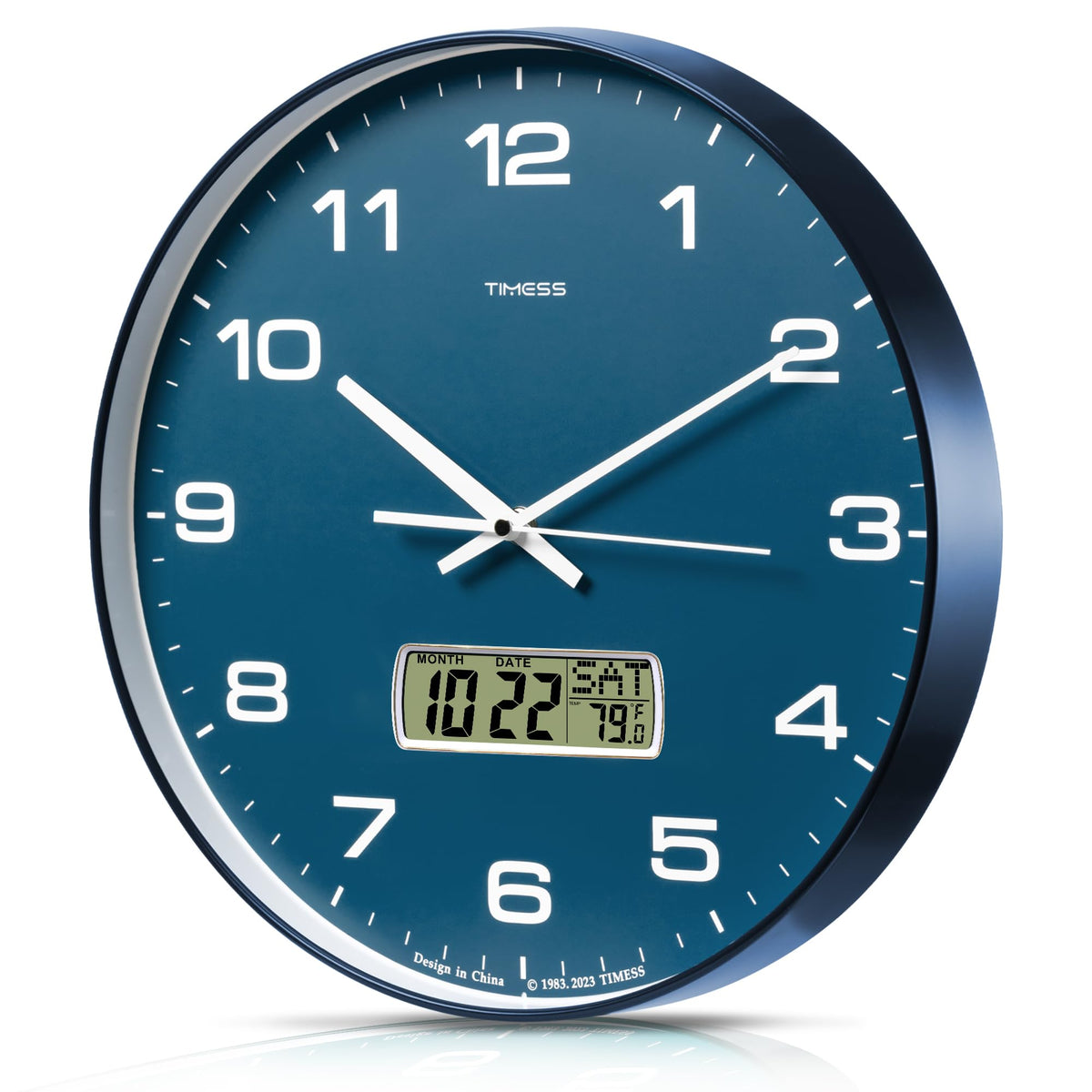 TIMESS 12-Inch Non-Ticking Analog Wall Clock with LCD Display, Blue