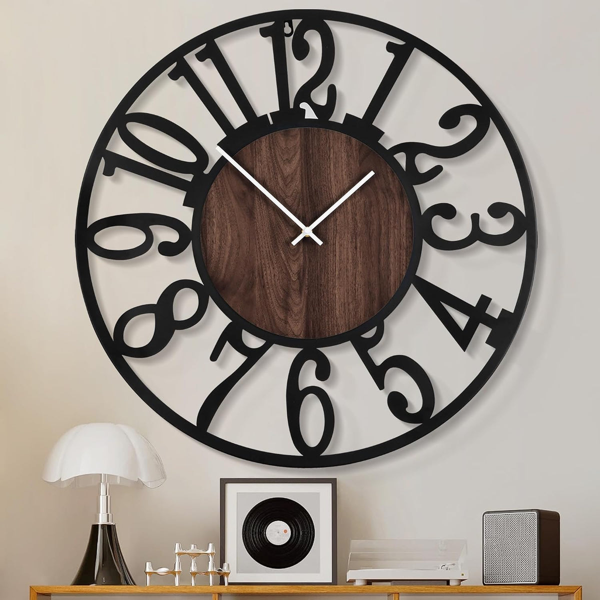 1st owned Wall Clock for Living Room -13" Silent Non Ticking,Battery Operated,Black Metal, Antique Wood Clocks for Farmhouse,Dining Room,Bedroom,Kitchen Clock Wall Decor- Arabic Numerals