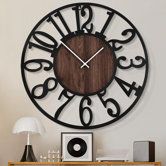 1st owned Wall Clock for Living Room -13" Silent Non Ticking,Battery Operated,Black Metal, Antique Wood Clocks for Farmhouse,Dining Room,Bedroom,Kitchen Clock Wall Decor- Arabic Numerals