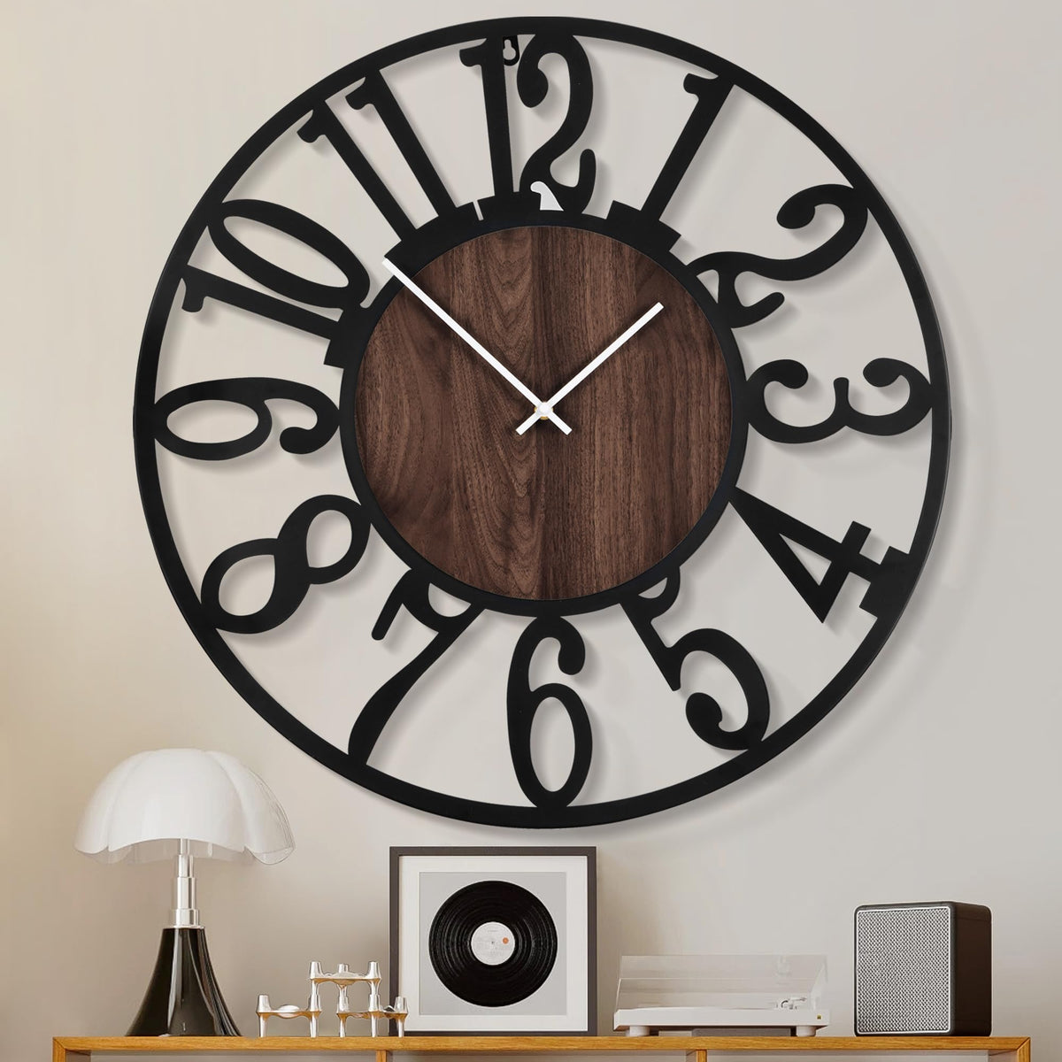 1st owned Wall Clock for Living Room -13" Silent Non Ticking,Battery Operated,Black Metal, Antique Wood Clocks for Farmhouse,Dining Room,Bedroom,Kitchen Clock Wall Decor- Arabic Numerals